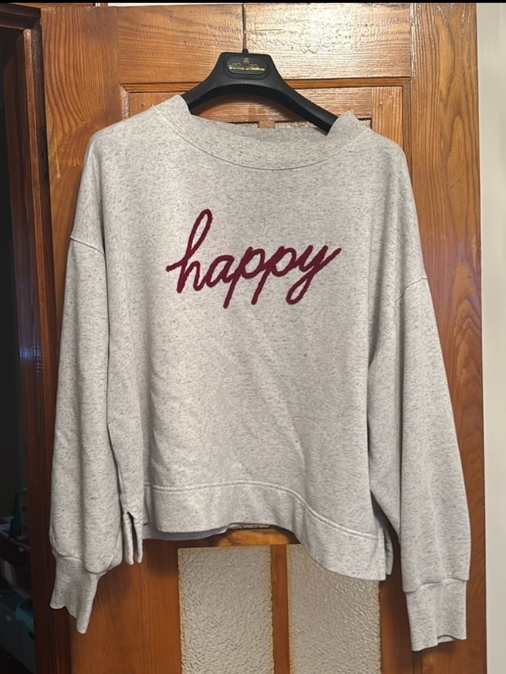 Old Navy Light Gray Sweatshirt with Maroon "happy" Script